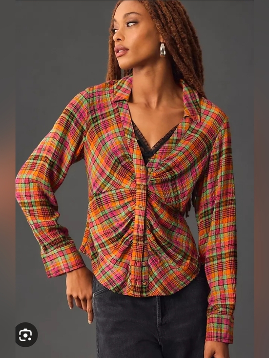Anthropologie Tops - Anthropologie Pilcro Ruched Deep-V Plaid Buttondown Shirt Size S